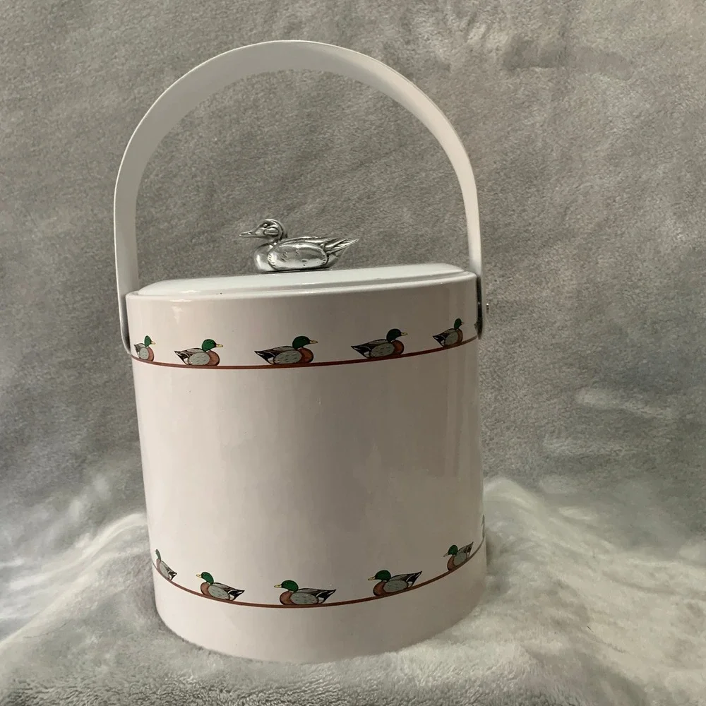Georges Briard Vintage Mallard Duck Ice Bucket White Silver Finial Barware MCM